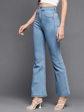 Youth Style Stylish Road Trip 24/7 Comfort Light Blue Bell-Bottom Bootcut High-Rise Stretchable Denim Jeans