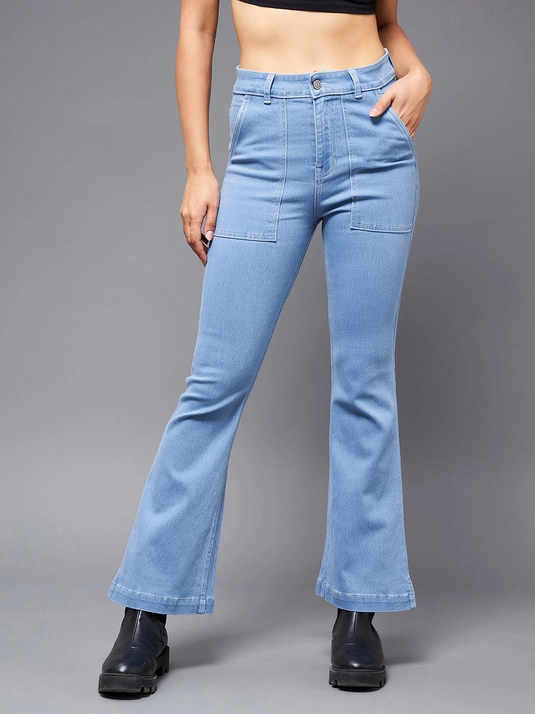 24/7 Comfort Light Blue Bell-Bottom Bootcut High-Rise Stretchable Denim Jeans Work Outfit Autumn Days Parent Style