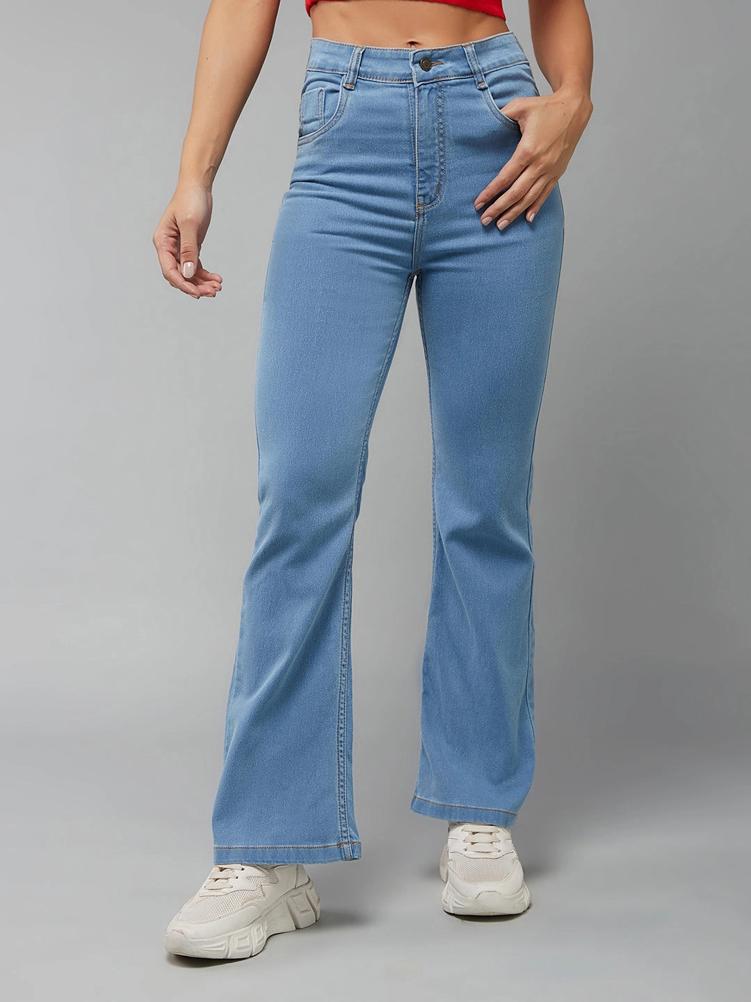 24/7 Comfort Light Blue Bell-Bottom Bootcut High-Rise Stretchable Denim Light Weight Jeans Minimalist Style Family Style Comfy Anti Static Treatment