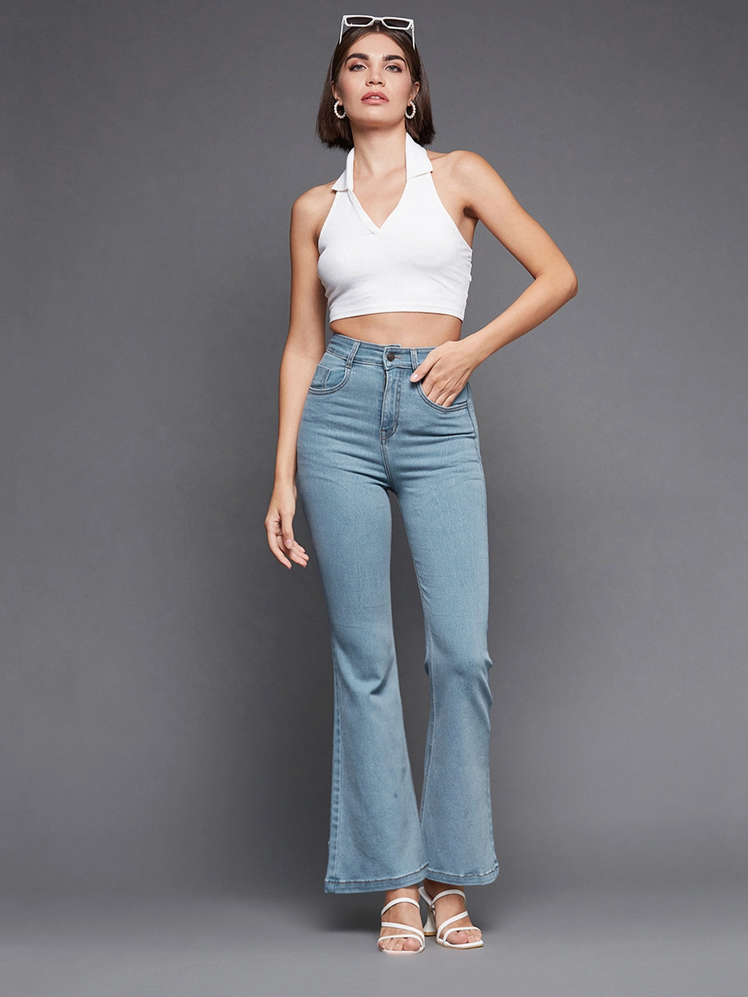 24/7 Comfort Light Blue Bell-Bottom Bootcut Hourglass High-Rise Stretchable Denim Jeans Plain Favorite