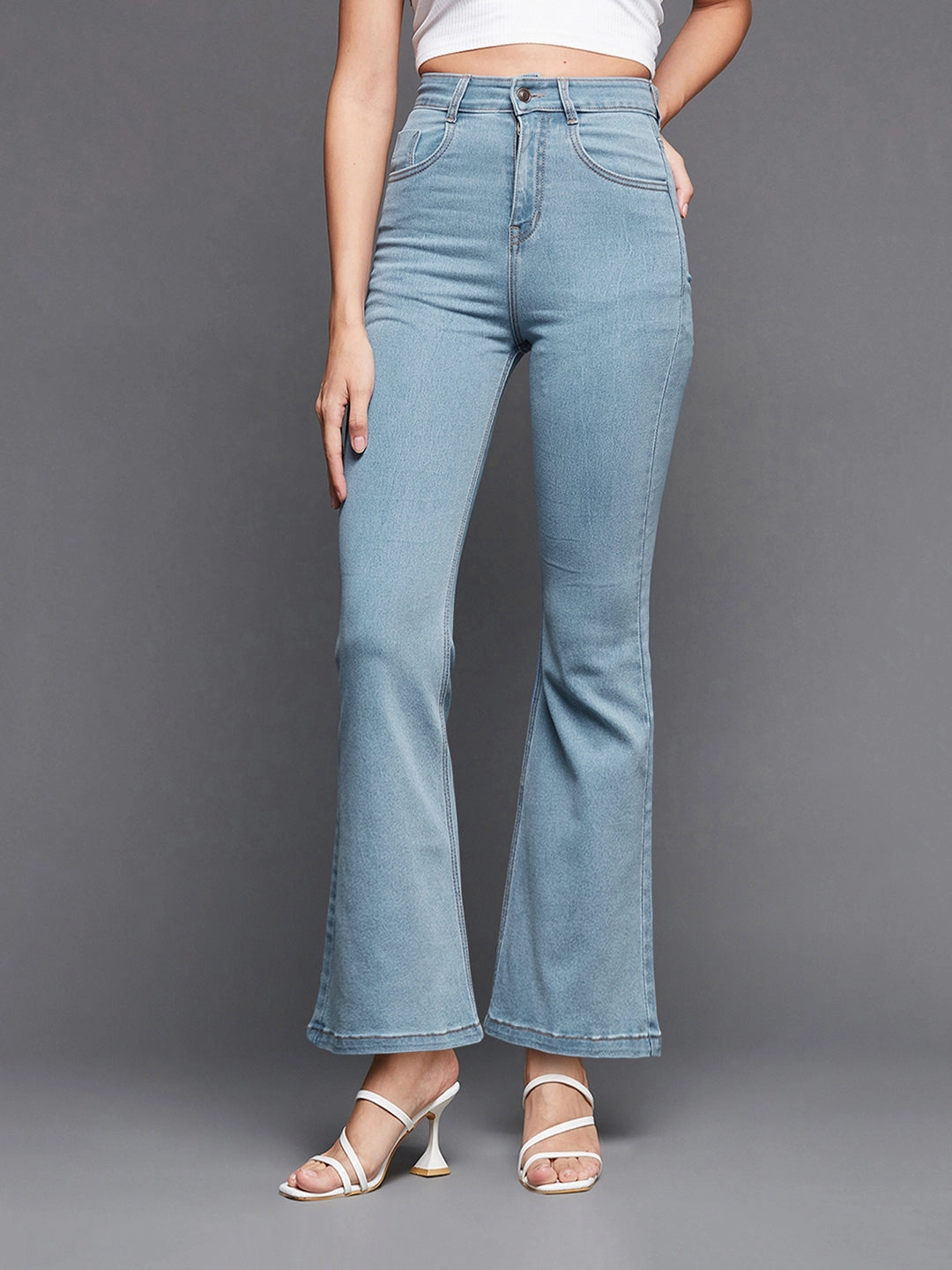 Layered Knee Panels 24/7 Comfort Light Blue Bell-Bottom Bootcut Hourglass High-Rise Stretchable Denim Jeans