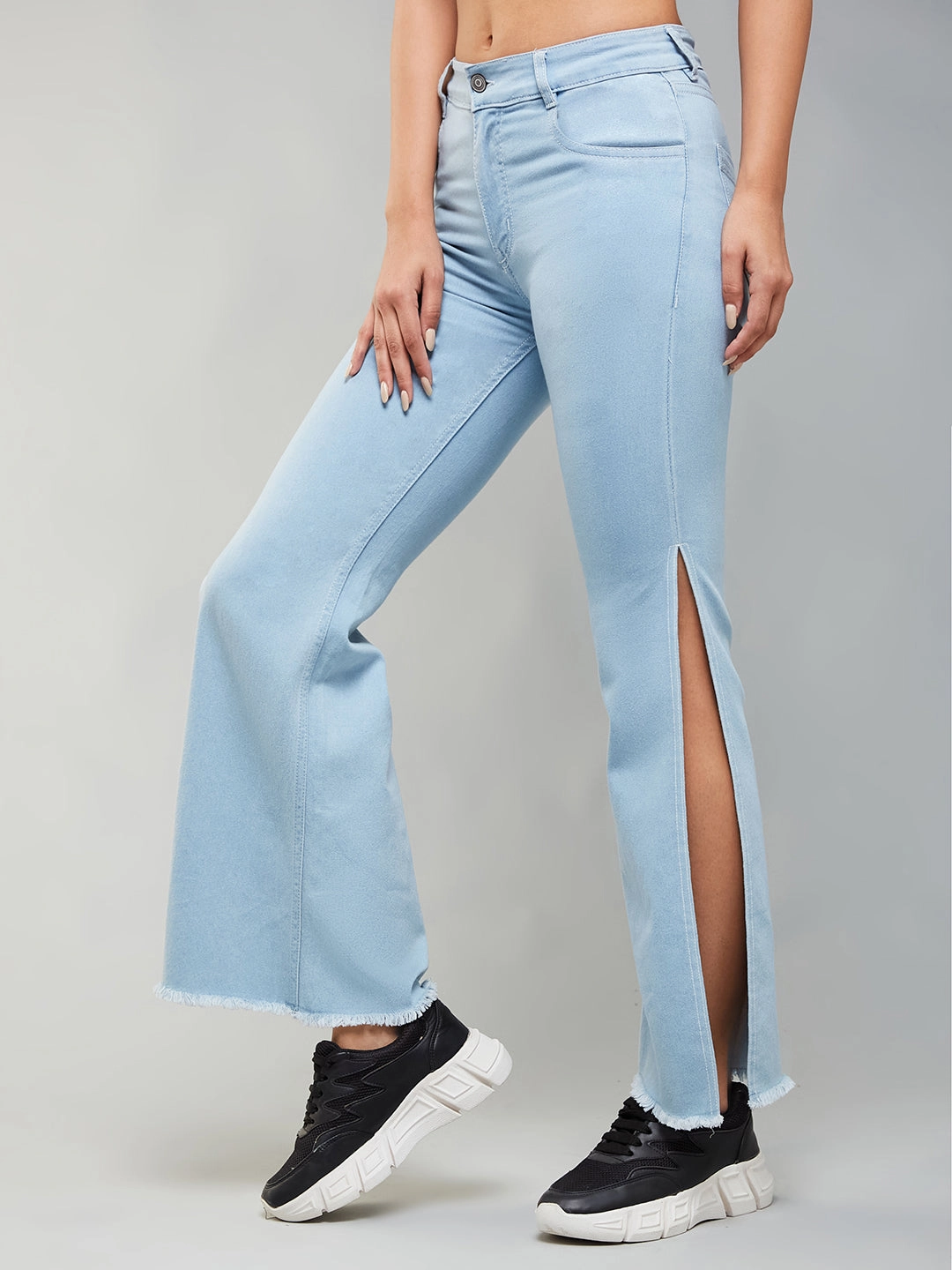 24/7 Comfort Light Blue Bell-Bottom Bootcut Hourglass High-Rise Stretchable Denim Slit Jeans Weekend Warrior Festival Outfit Smooth