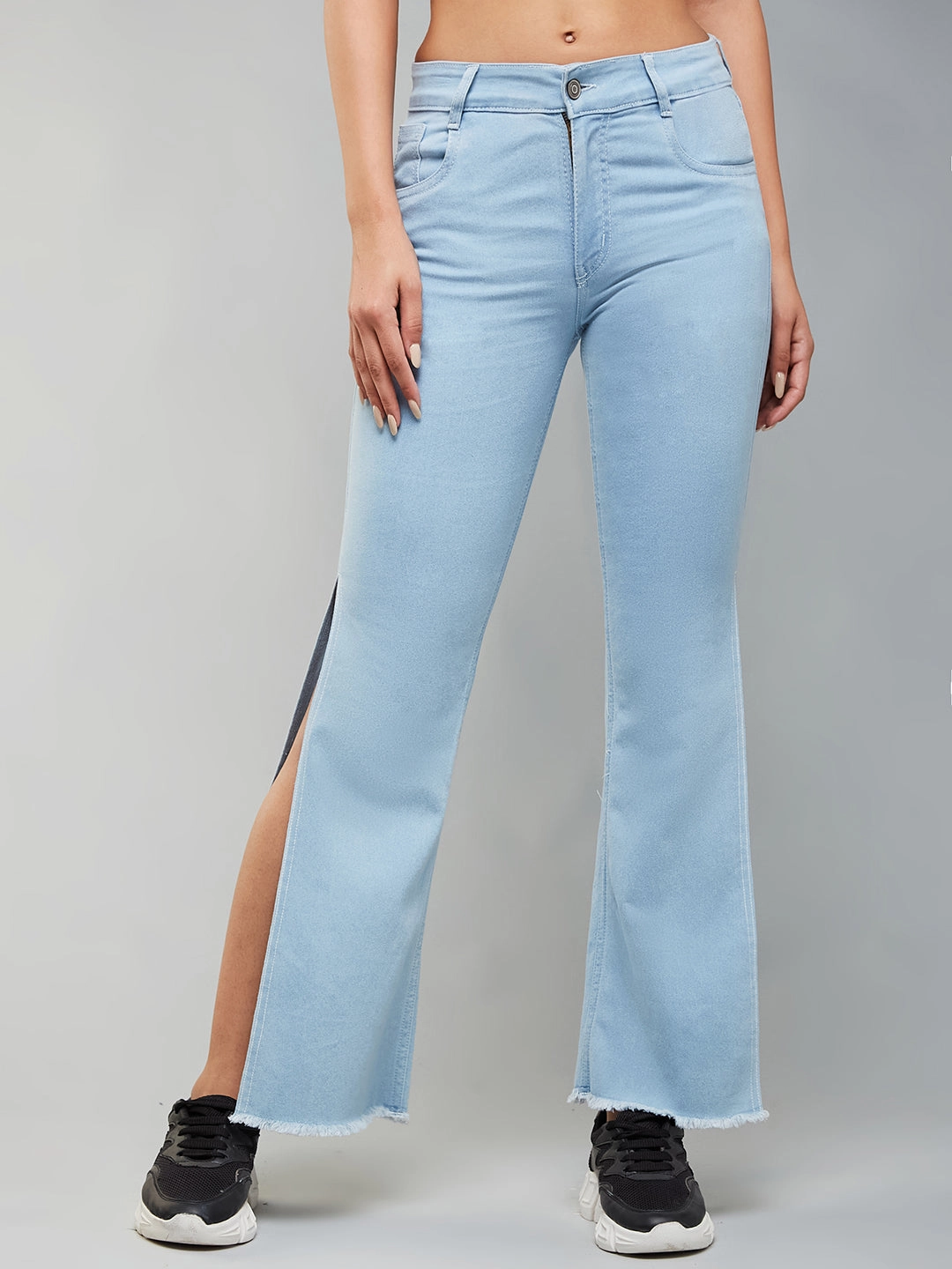 24/7 Comfort Light Blue Bell-Bottom Bootcut Hourglass High-Rise Stretchable Denim Slit Jeans Eco Conscious Denim Chill Vibe