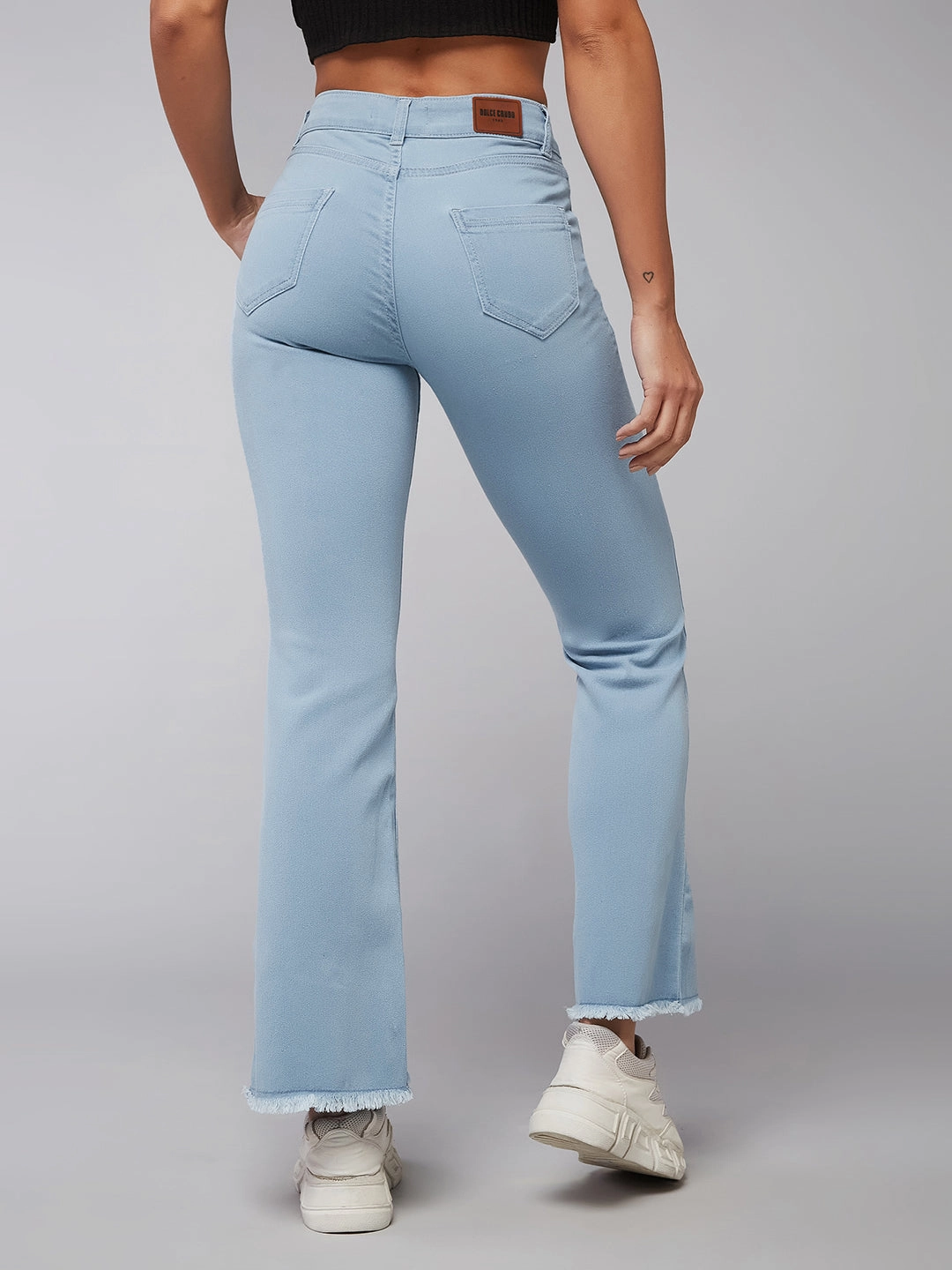 24/7 Comfort Light Blue Bell-Bottom Semi-Bootcut High-Rise Cropped Stretchable Denim Jeans Sandblasted Finish Suitable Outfit