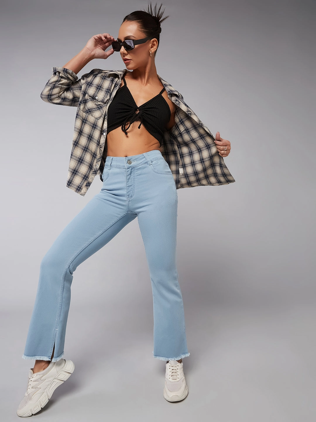 24/7 Comfort Light Blue Bell-Bottom Semi-Bootcut High-Rise Cropped Stretchable Denim Jeans Matching Basic Sporty Look