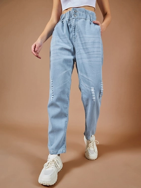 24/7 Comfort Light Blue Moms Jean High-Rise Mild Distress Stretchable Denim Jeans Street Fashion Parent Style Everyday Basic