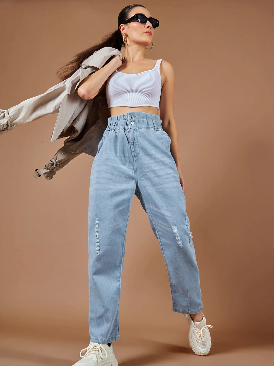 24/7 Comfort Light Blue Moms Jean High-Rise Mild Distress Stretchable Denim Jeans Daily Favorite