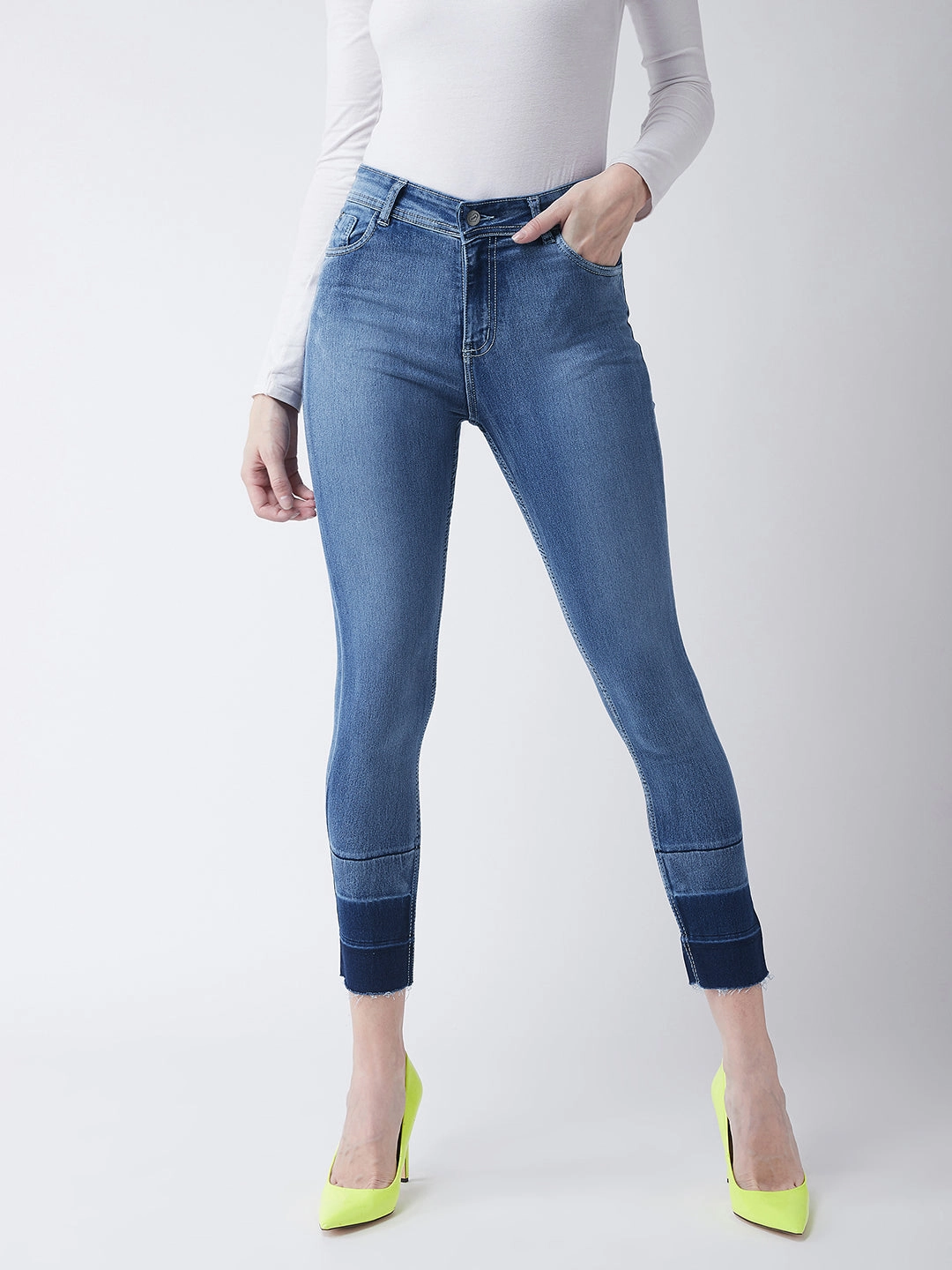 24/7 Comfort Light Blue Skinny-Fit High-Rise Ankle Length Shaded Stretchable Denim Jeans Spring Mood Bold