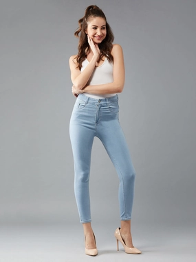 24/7 Comfort Light Blue Skinny Fringed Hemline Detailing High-Rise Cropped Solid Stretchable Denim Jeans Premium Denim Always Fits