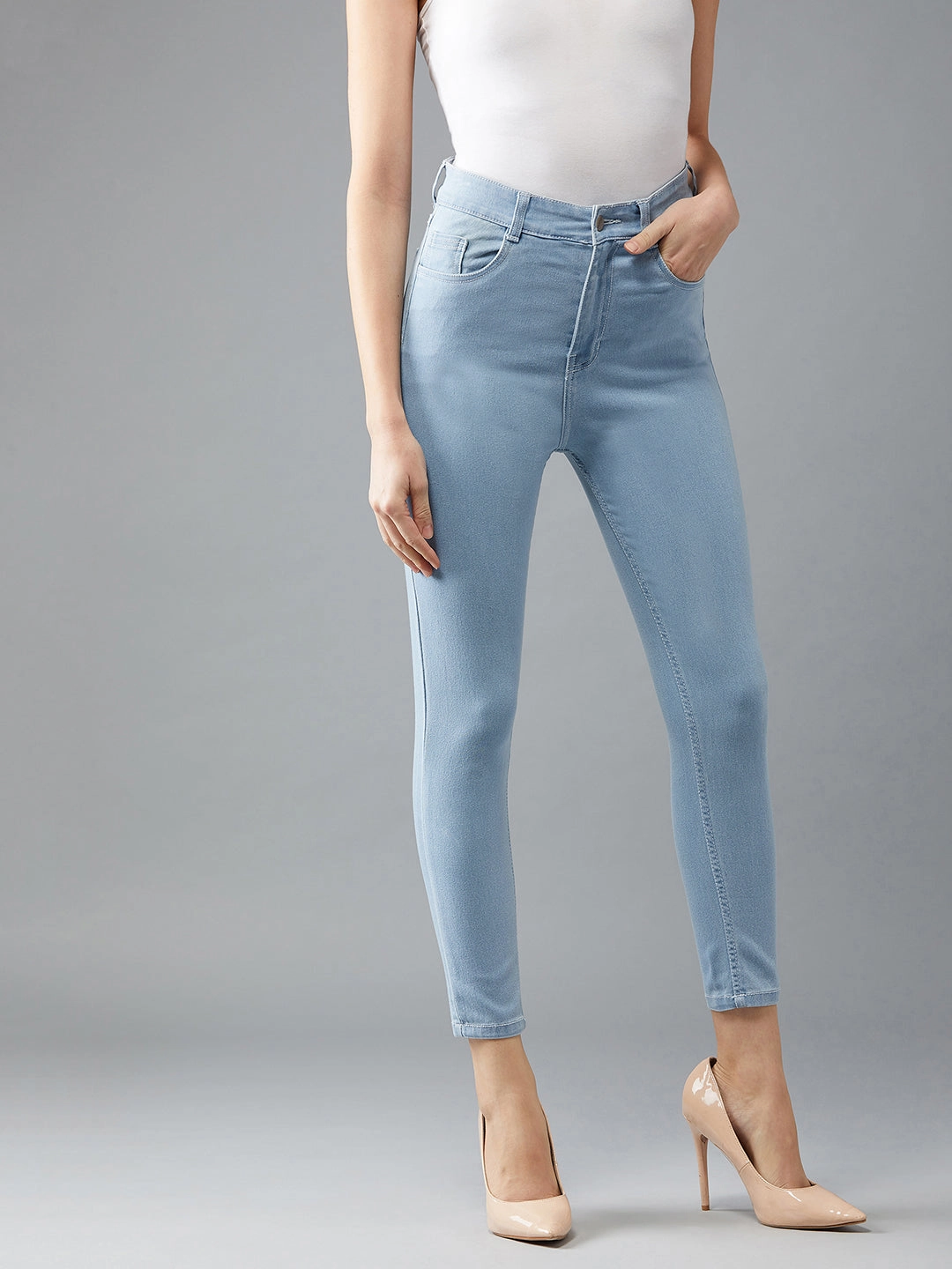 24/7 Comfort Light Blue Skinny Fringed Hemline Detailing High-Rise Cropped Solid Stretchable Denim Jeans Street Mood Athlete Fit Modern Autumn Days