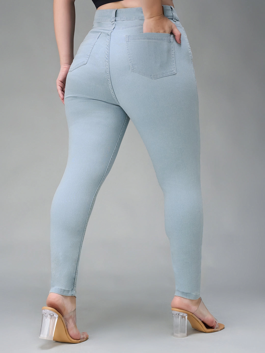 Street Cool 24/7 Comfort Light Blue Skinny Fringed Hemline Detailing High-Rise Cropped Solid Stretchable Denim Jeans