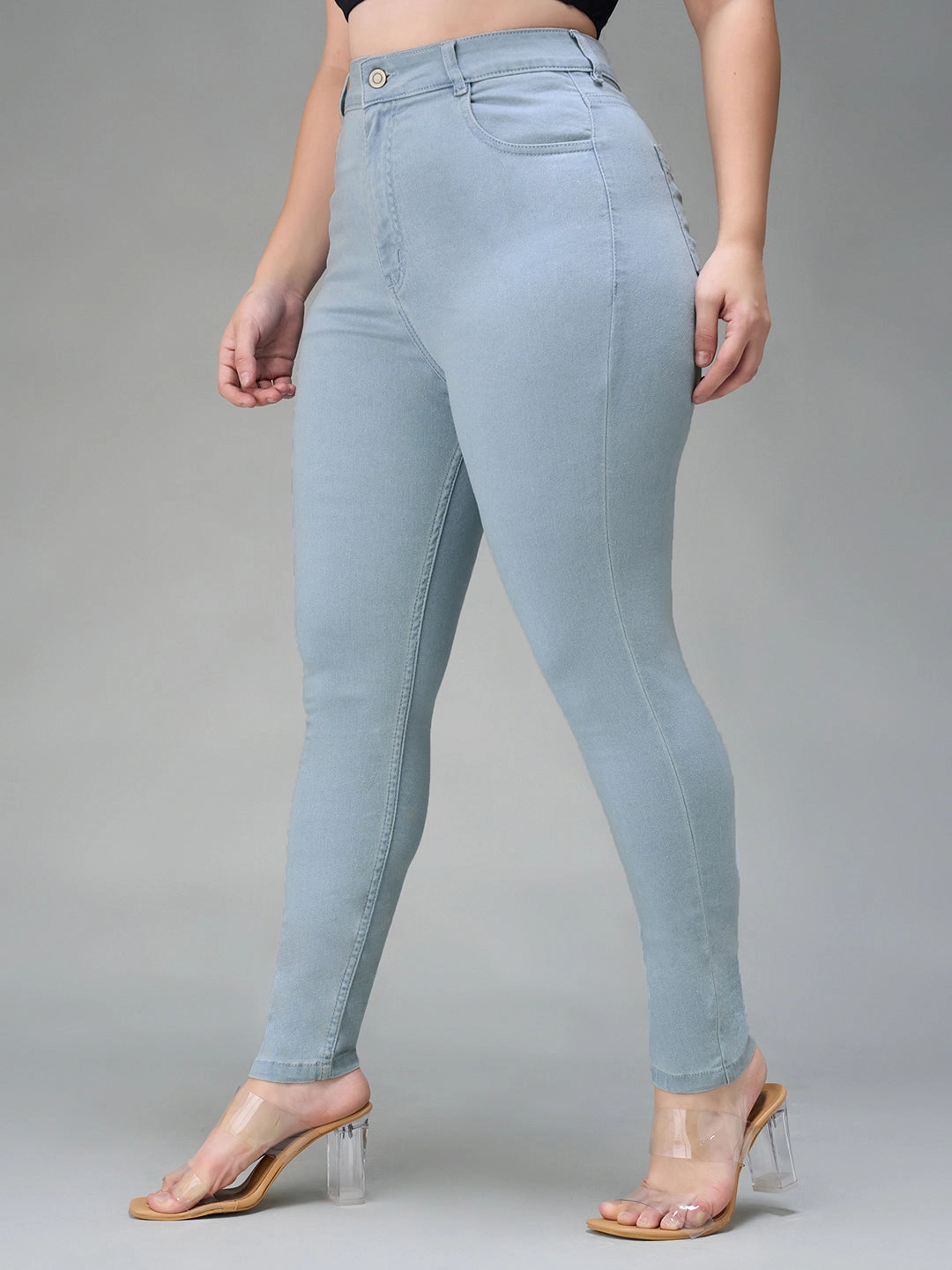 24/7 Comfort Light Blue Skinny Fringed Hemline Detailing High-Rise Cropped Solid Stretchable Denim Jeans Smart Fit Modern Comfort