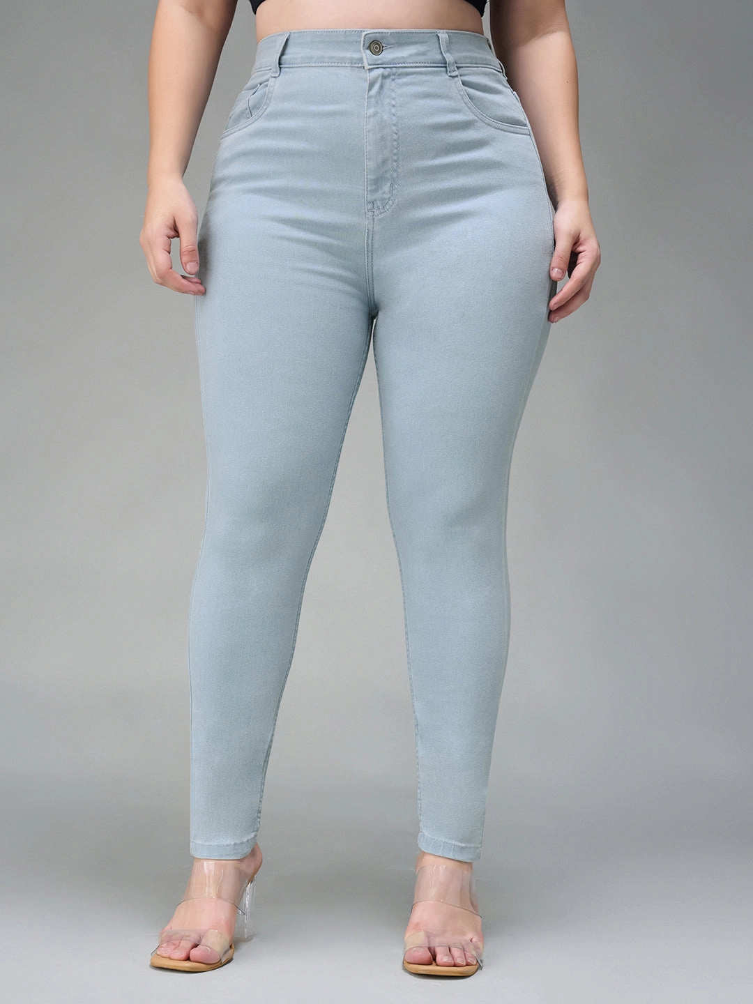 Day To Day Youth Style Road Trip Outdoor Enthusiast 24/7 Comfort Light Blue Skinny Fringed Hemline Detailing High-Rise Cropped Solid Stretchable Denim Jeans