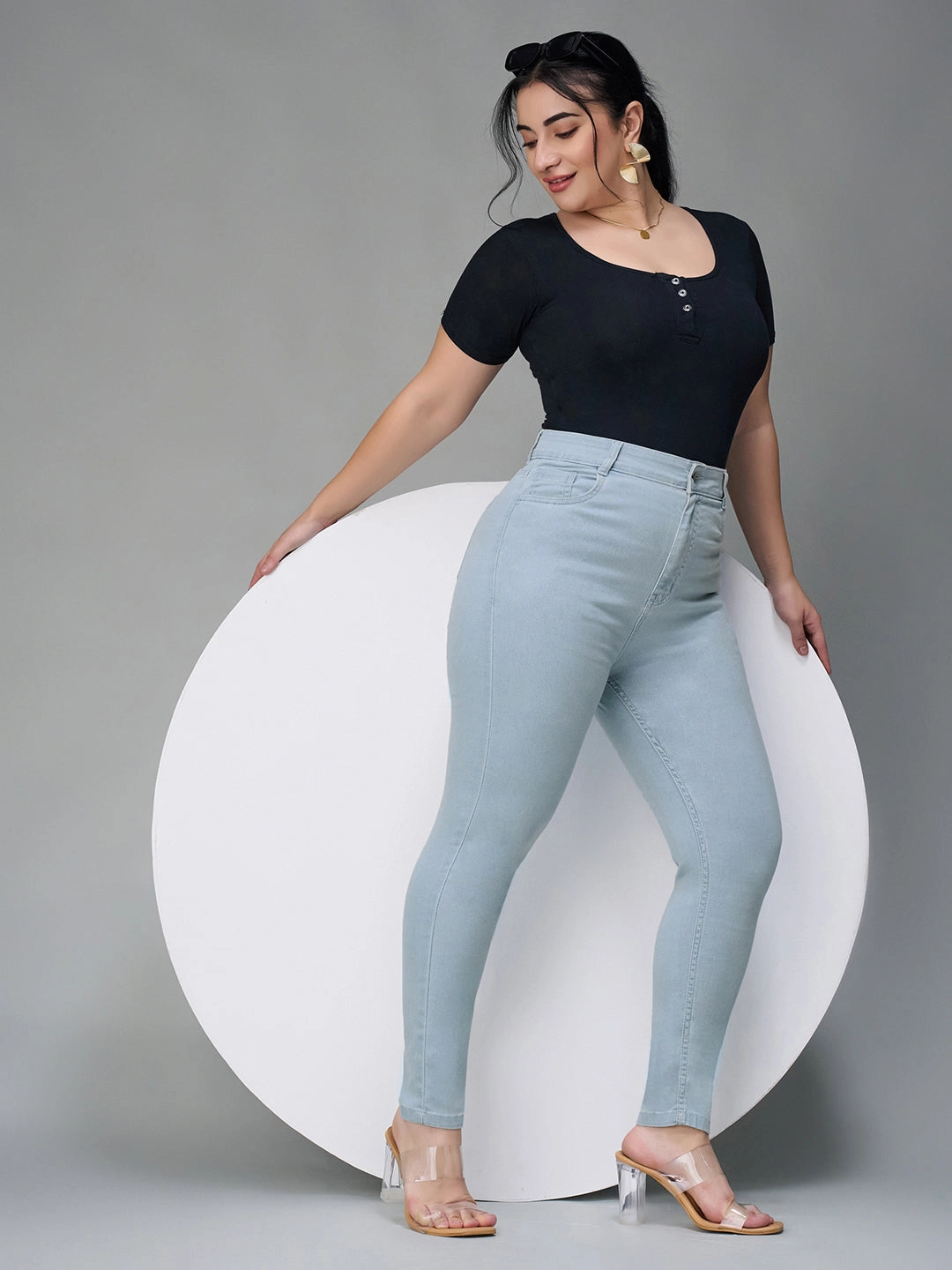 24/7 Comfort Light Blue Skinny Fringed Hemline Detailing High-Rise Cropped Solid Stretchable Denim Jeans Artist Vibe Premium