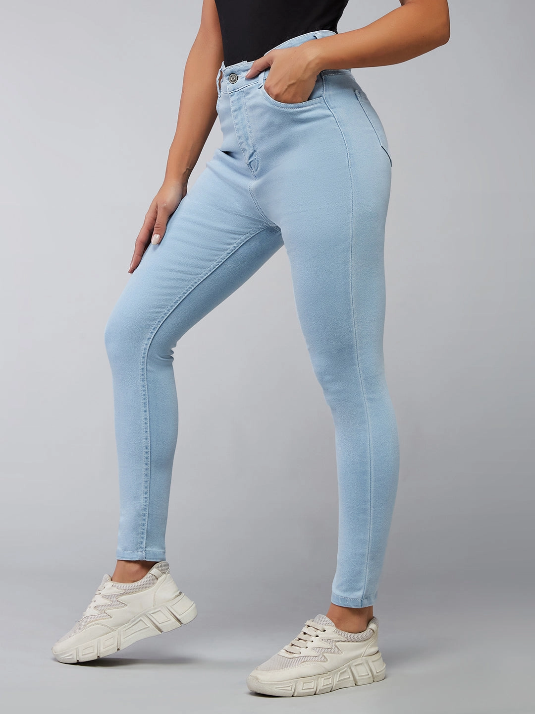 Flattering Fit Always Fits Well 24/7 Comfort Light Blue Skinny Fringed Hemline Detailing High-Rise Cropped Solid Stretchable Denim Jeans