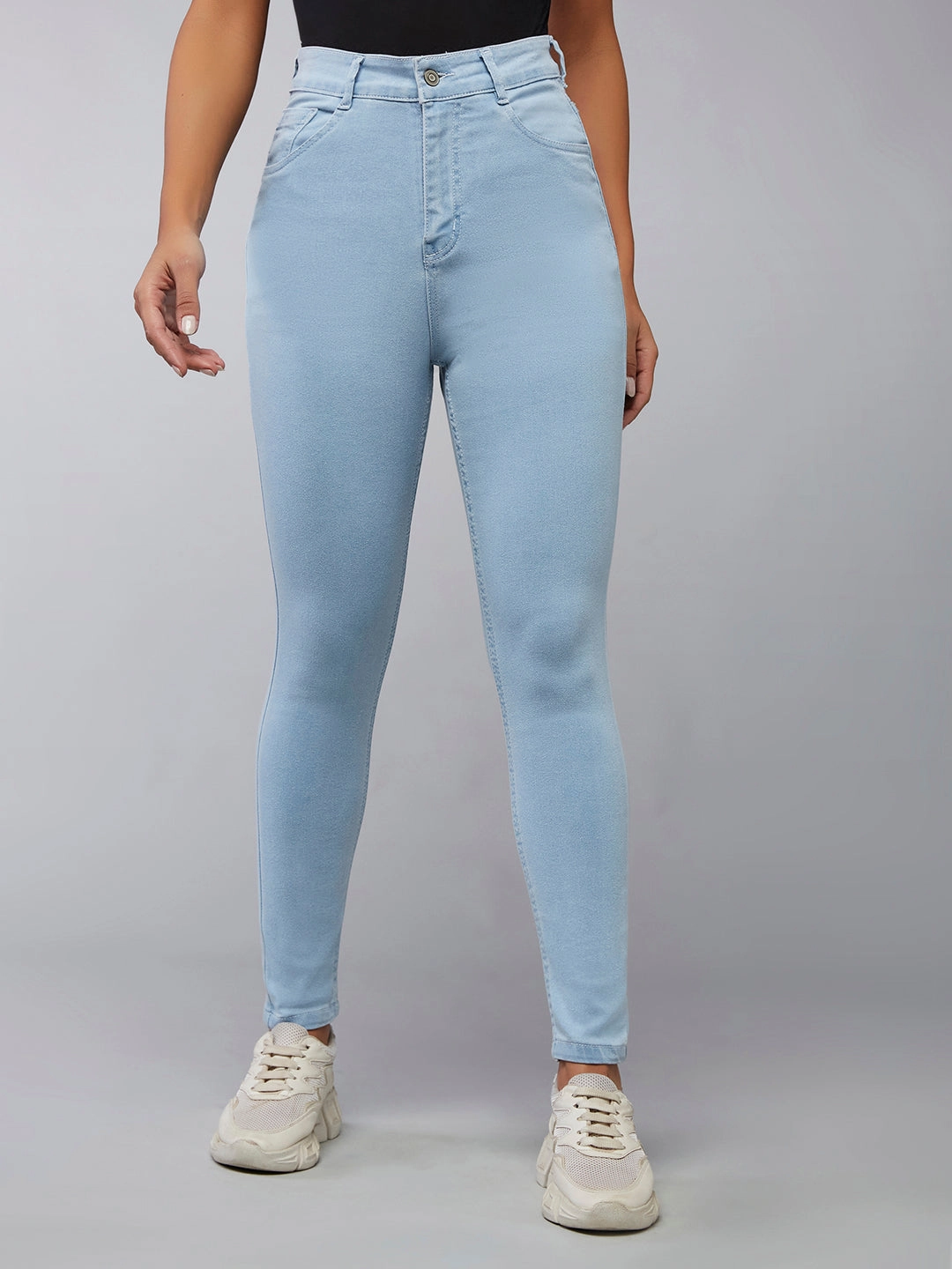 24/7 Comfort Light Blue Skinny Fringed Hemline Detailing High-Rise Cropped Solid Stretchable Denim Jeans Outfit Base Casual Vibe