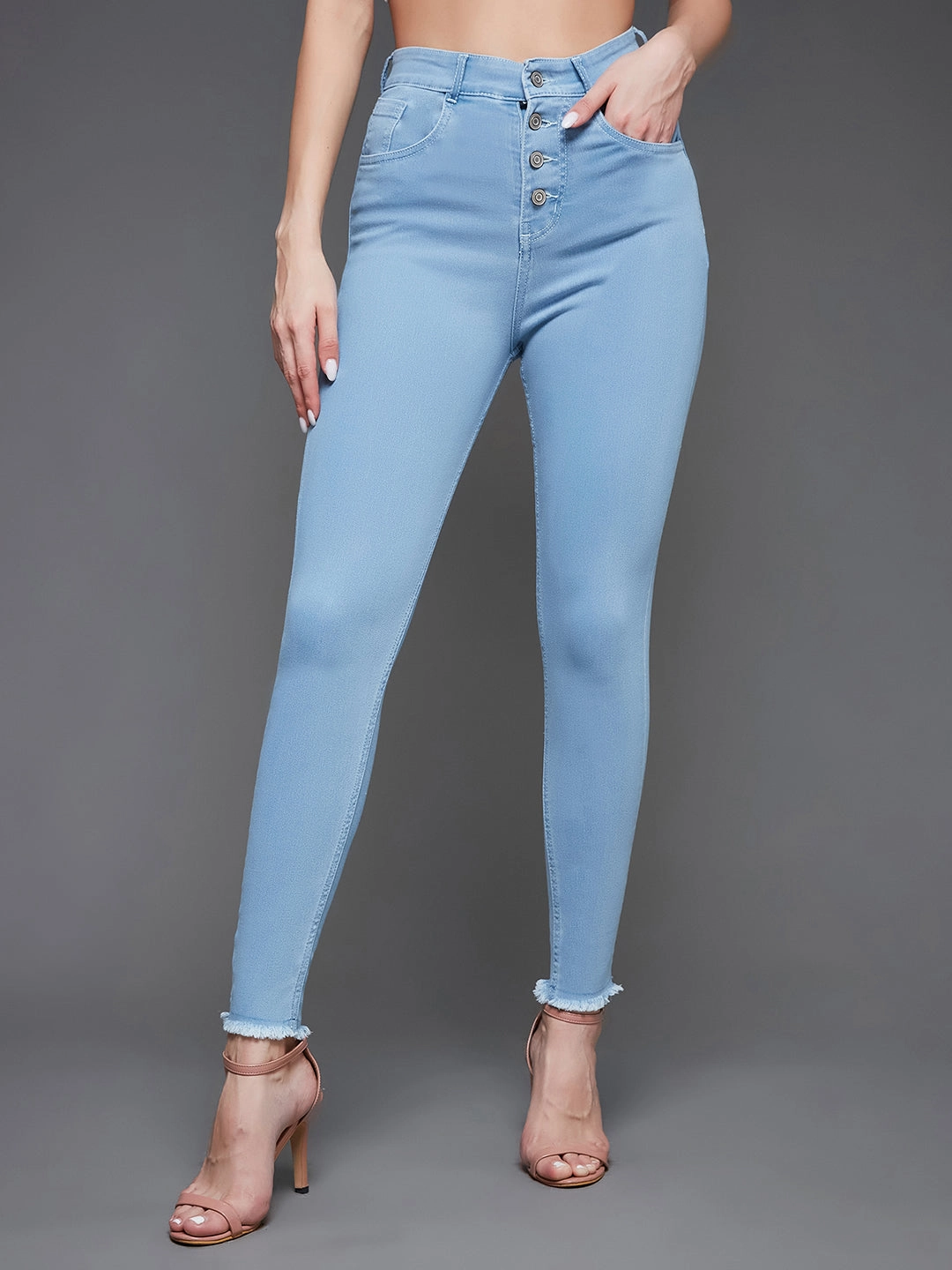 Function Ready 24/7 Comfort Light Blue Skinny High-Rise Clean-Look Fringed Hemline Cropped Acid Wash Solid Stretchable Denim Jeans
