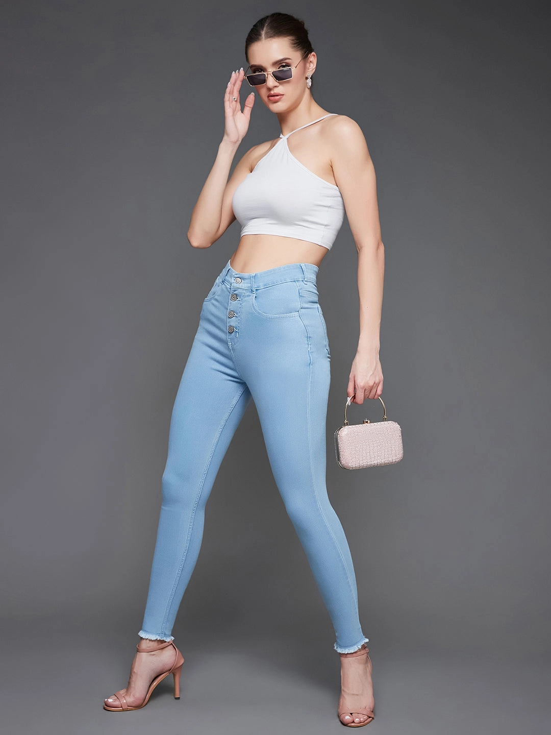 Quick Drying Fabric Sustainable Student Outfit Nature Lover 24/7 Comfort Light Blue Skinny High-Rise Clean-Look Fringed Hemline Cropped Acid Wash Solid Stretchable Denim Jeans