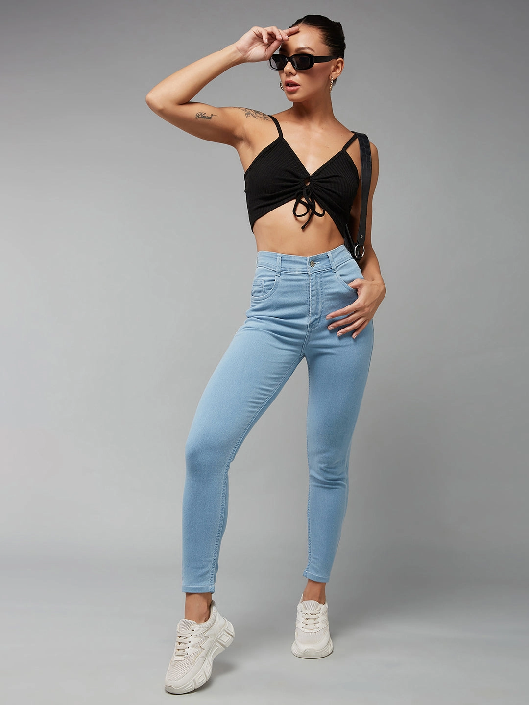 Daily Wear Festival Outfit 24/7 Comfort Light Blue Skinny High-Rise Distressed Cropped Denim Jeans