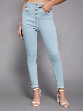 Softened Lining 24/7 Comfort Light Blue Skinny High-Rise Fringed Hemline Cropped Acid Wash Solid Stretchable Denim Jeans