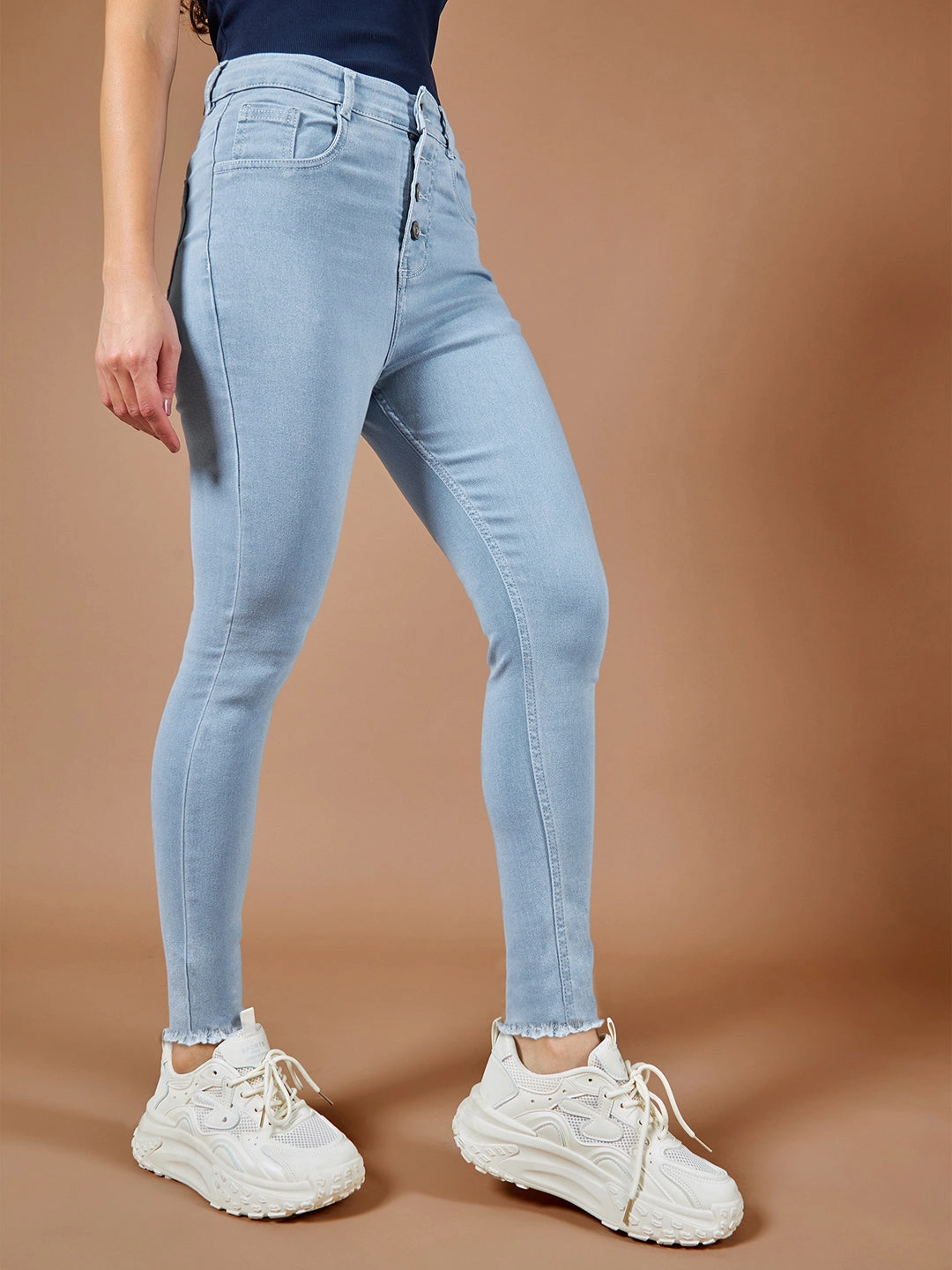 24/7 Comfort Light Blue Skinny High-Rise Fringed Hemline Cropped Stretchable Denim Jeans Day Ready