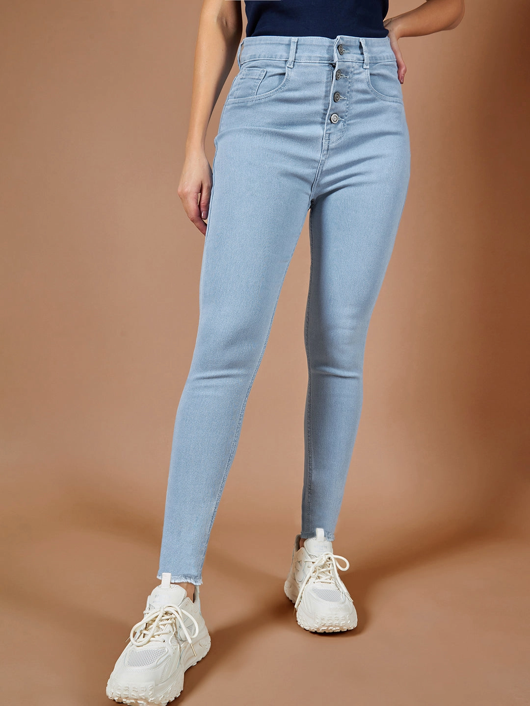 24/7 Comfort Light Blue Skinny High-Rise Fringed Hemline Cropped Stretchable Denim Jeans Clean Style