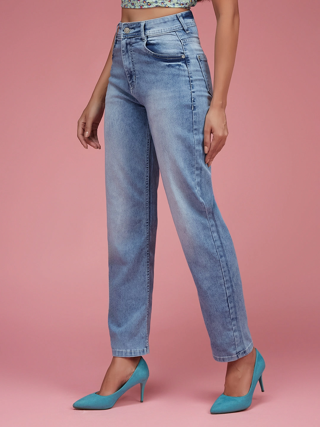 24/7 Comfort Light Blue Wide-Leg Fit High-Rise Stretchable Denim Jeans Formal Classic Wear Loose Durable Minimalist Style Party Look