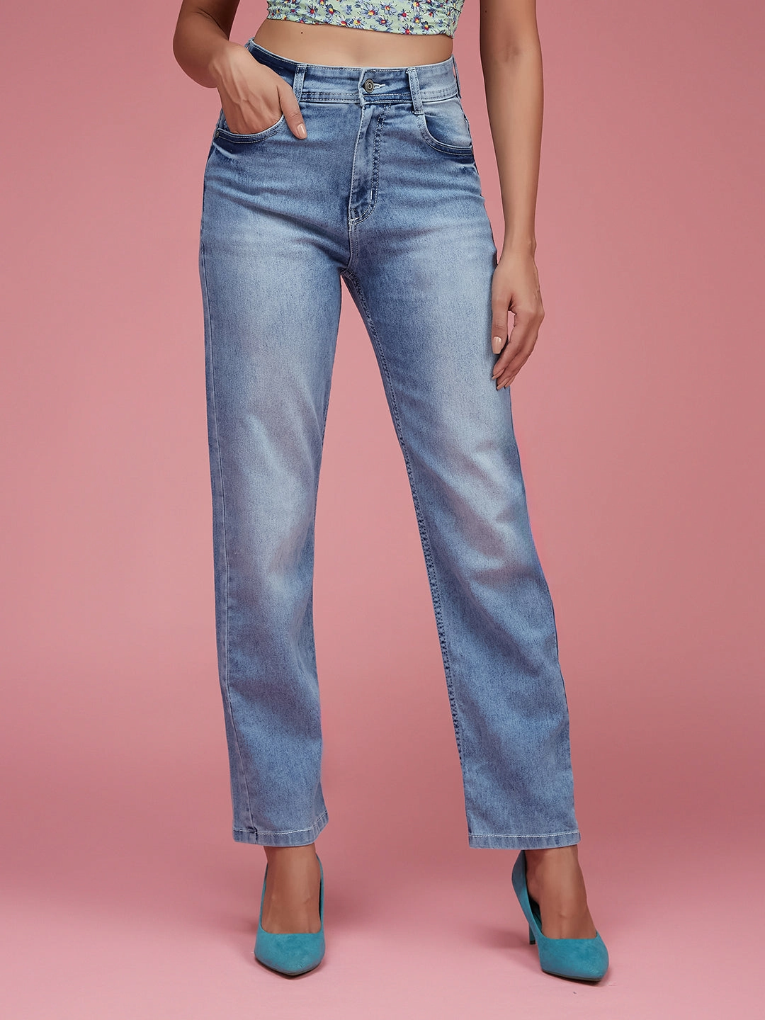 Tailored Appearance 24/7 Comfort Light Blue Wide-Leg Fit High-Rise Stretchable Denim Jeans