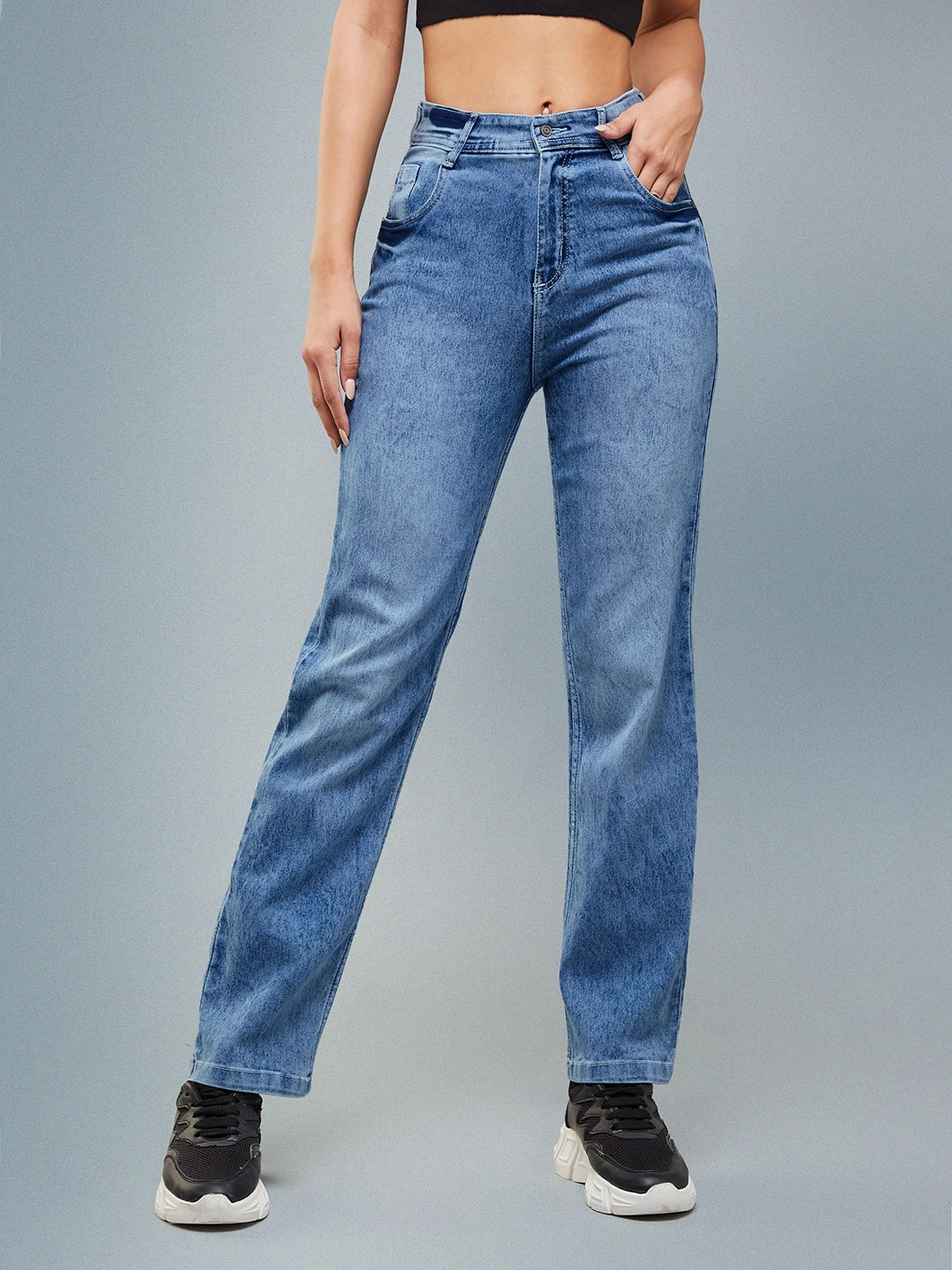 Clean Fit Party Look Earthy 24/7 Comfort Light Blue Wide-Leg Fit High-Rise Stretchable Denim Jeans