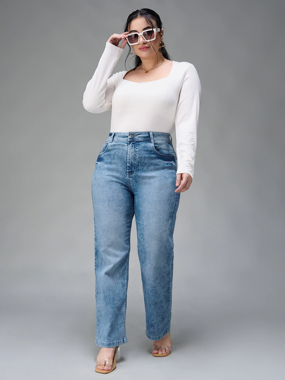 24/7 Comfort Light Blue Wide-Leg Fit High-Rise Stretchable Denim Jeans Fresh Attire