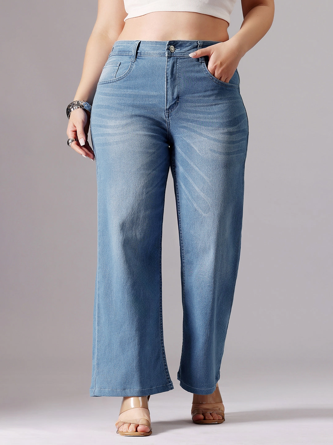 24/7 Comfort Light Blue Wide-Leg fit Mid-Rise Regular Length Stretchable Denim Jeans Stylish Touch