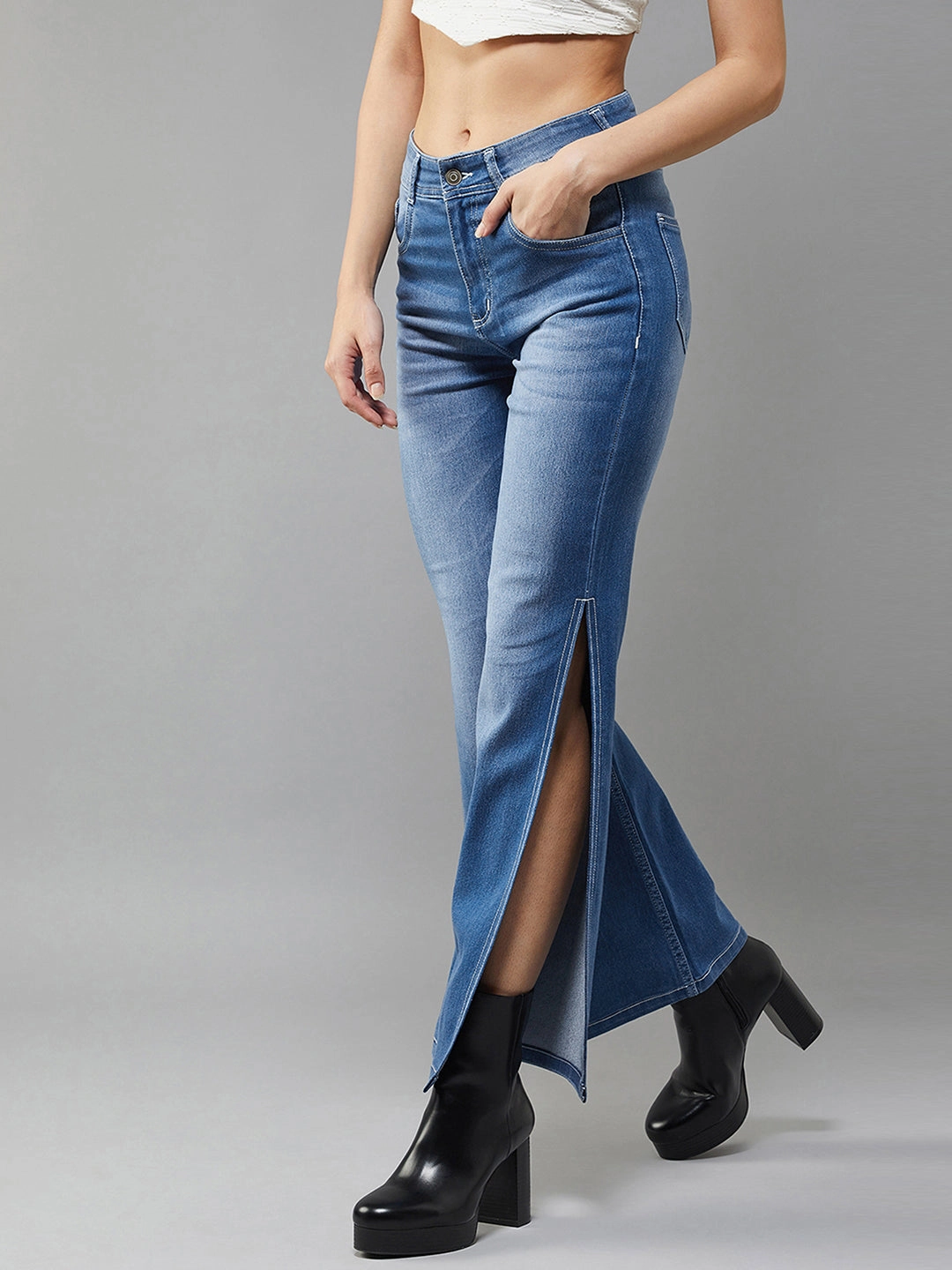 24/7 Comfort Light Blue Wide-Leg Fit Mid-Rise Stretchable Denim Jeans Basic Comfort Luxury Minimalist