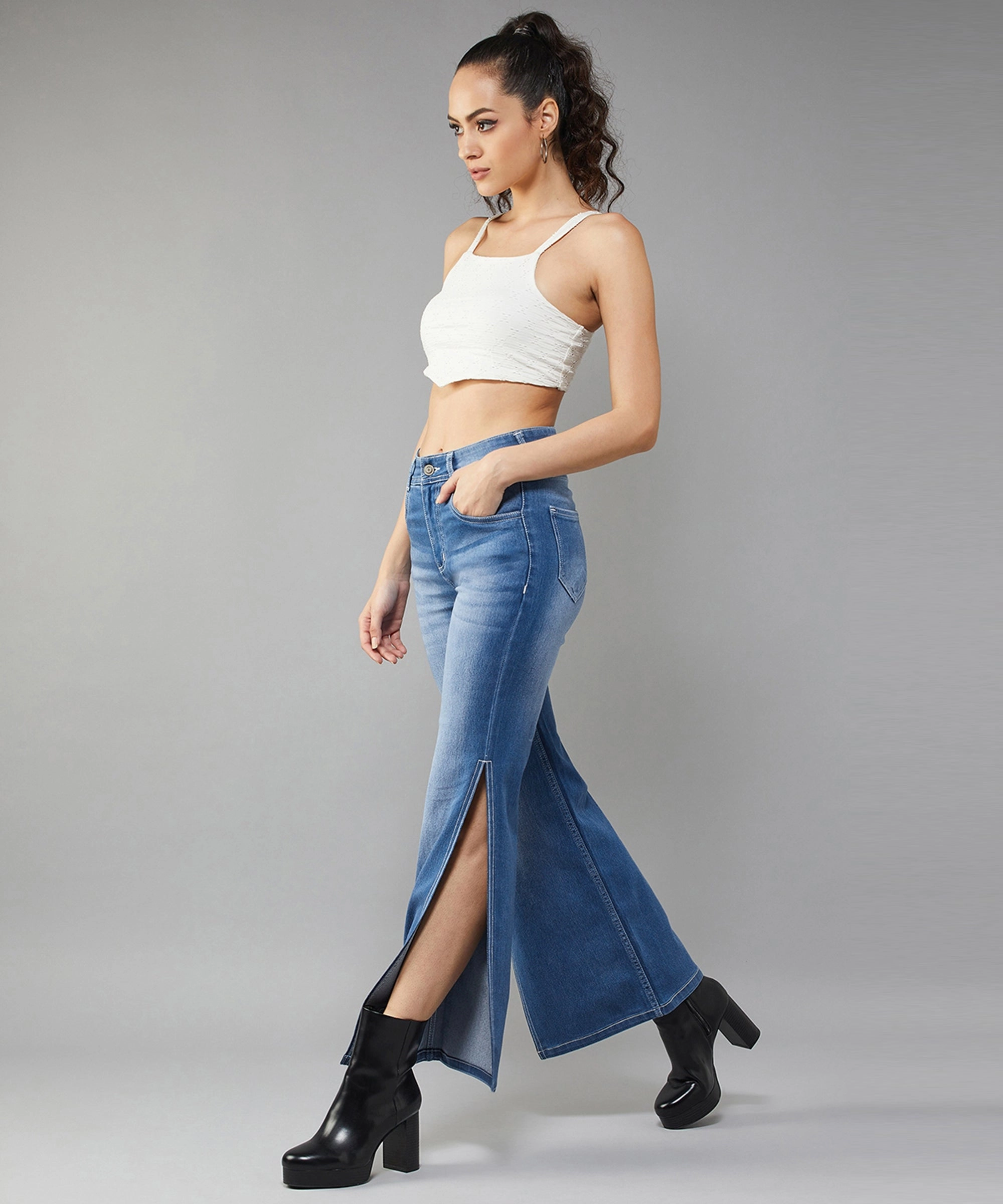24/7 Comfort Light Blue Wide-Leg Fit Mid-Rise Stretchable Denim Jeans Road Trip Bold Look Smart Casual