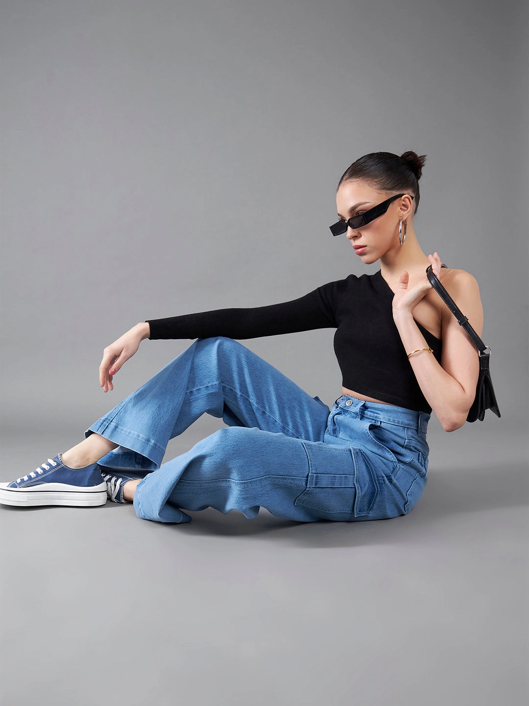 One For All Smart Look 24/7 Comfort Light Blue Wide-Leg High-Rise Stretchable Cargo Denim Jeans