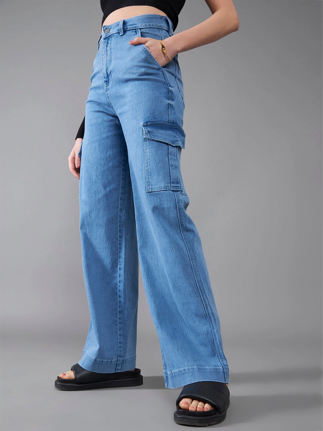 24/7 Comfort Light Blue Wide-Leg High-Rise Stretchable Cargo Denim Jeans Bold Look Parent Style Trendy Look