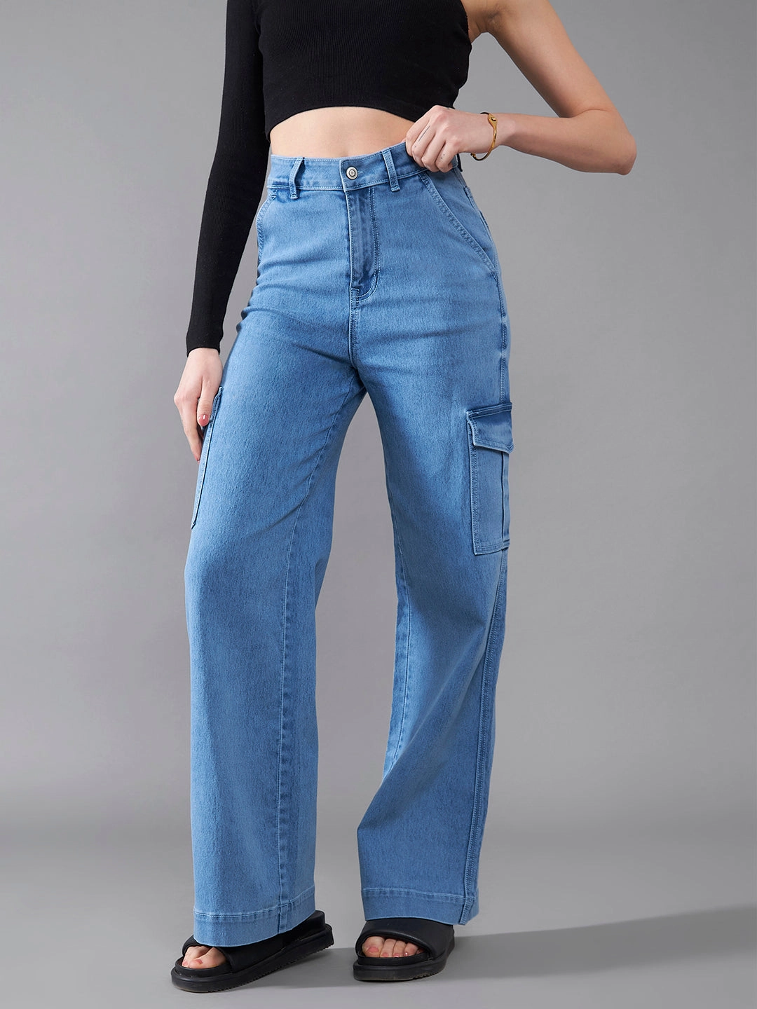 Soft Date Night Street Fashion 24/7 Comfort Light Blue Wide-Leg High-Rise Stretchable Cargo Denim Jeans