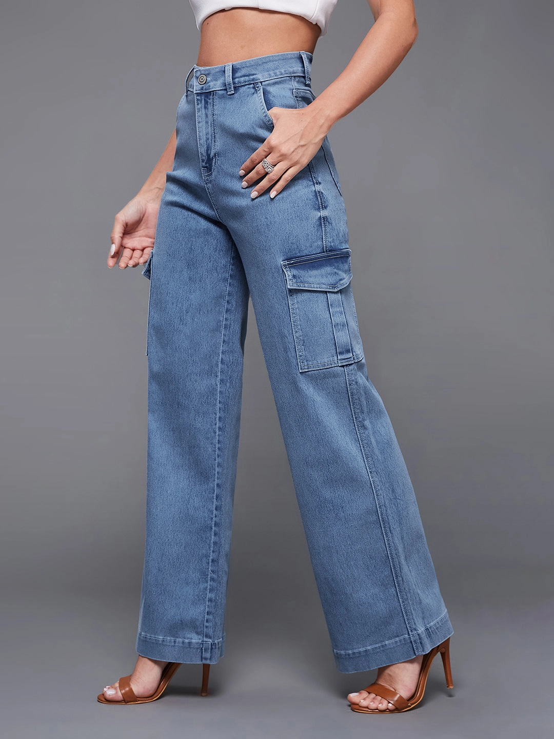 elastic waistband High-End Style 24/7 Comfort Light Blue Wide-Leg High-Rise Stretchable Flared Cargo Denim Jeans