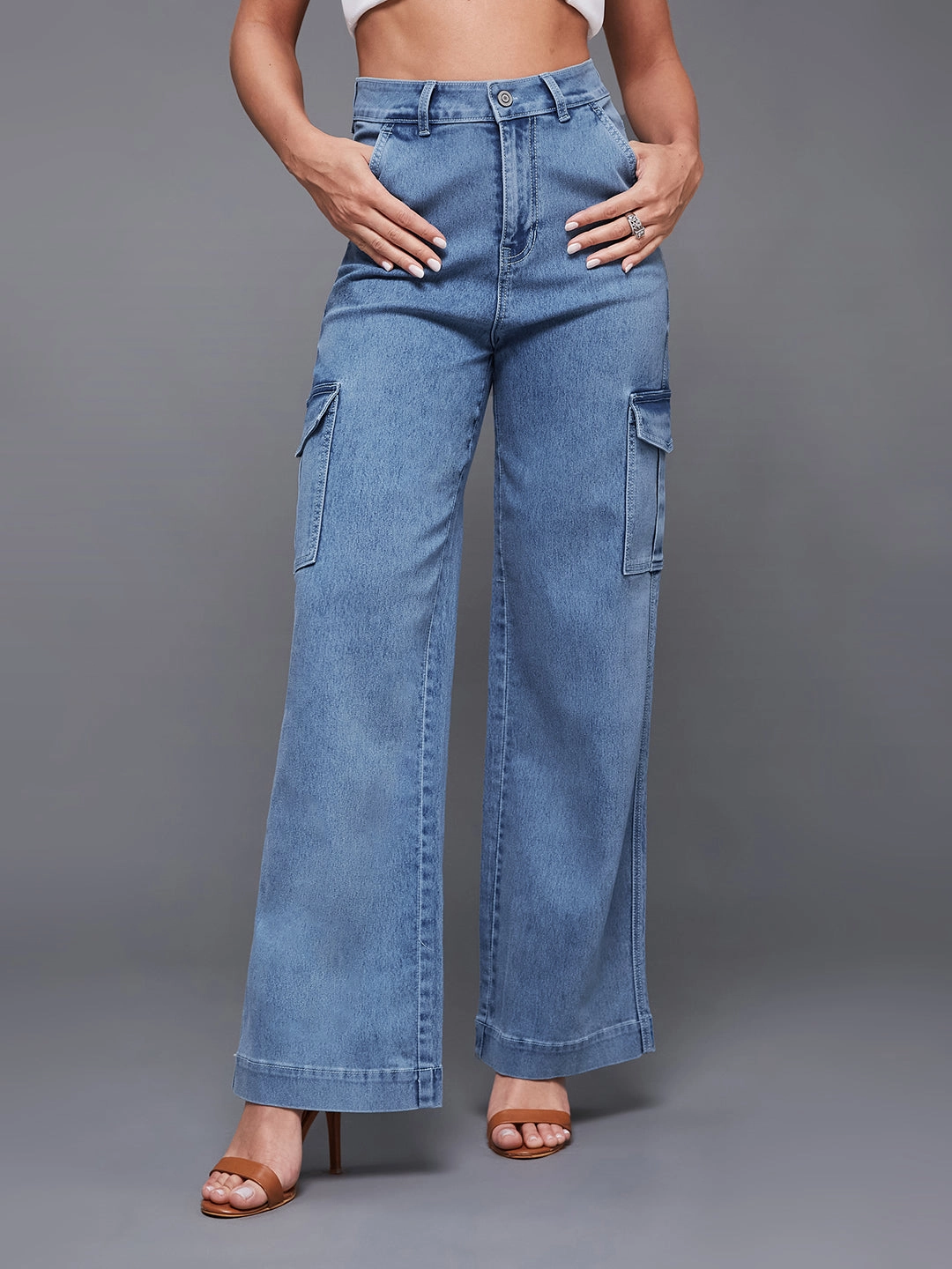 All Fit Design 24/7 Comfort Light Blue Wide-Leg High-Rise Stretchable Flared Cargo Denim Jeans