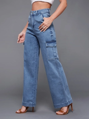elastic waistband High-End Style 24/7 Comfort Light Blue Wide-Leg High-Rise Stretchable Flared Cargo Denim Jeans
