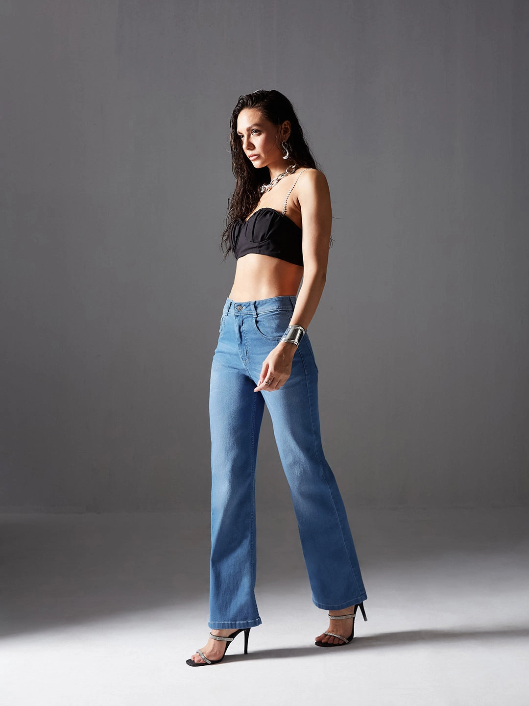 24/7 Comfort Light Blue Wide-Leg Mid-Rise Light Weight Denim Jeans Flex Look