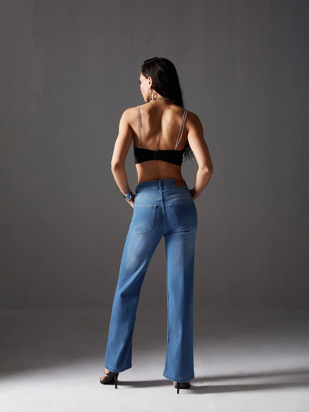 24/7 Comfort Light Blue Wide-Leg Mid-Rise Light Weight Denim Jeans Street Cool Chic Style