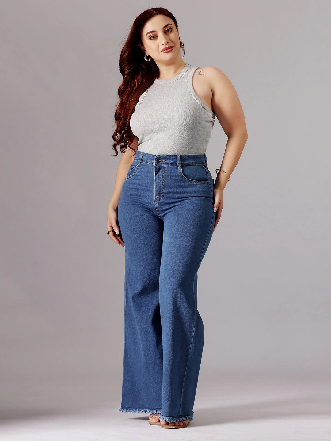 Traveler Gear Slim Modern Cut 24/7 Comfort Mid-Blue Wide-Leg High-Rise Clean-Look Regular-Length Stretchable Denim Jeans