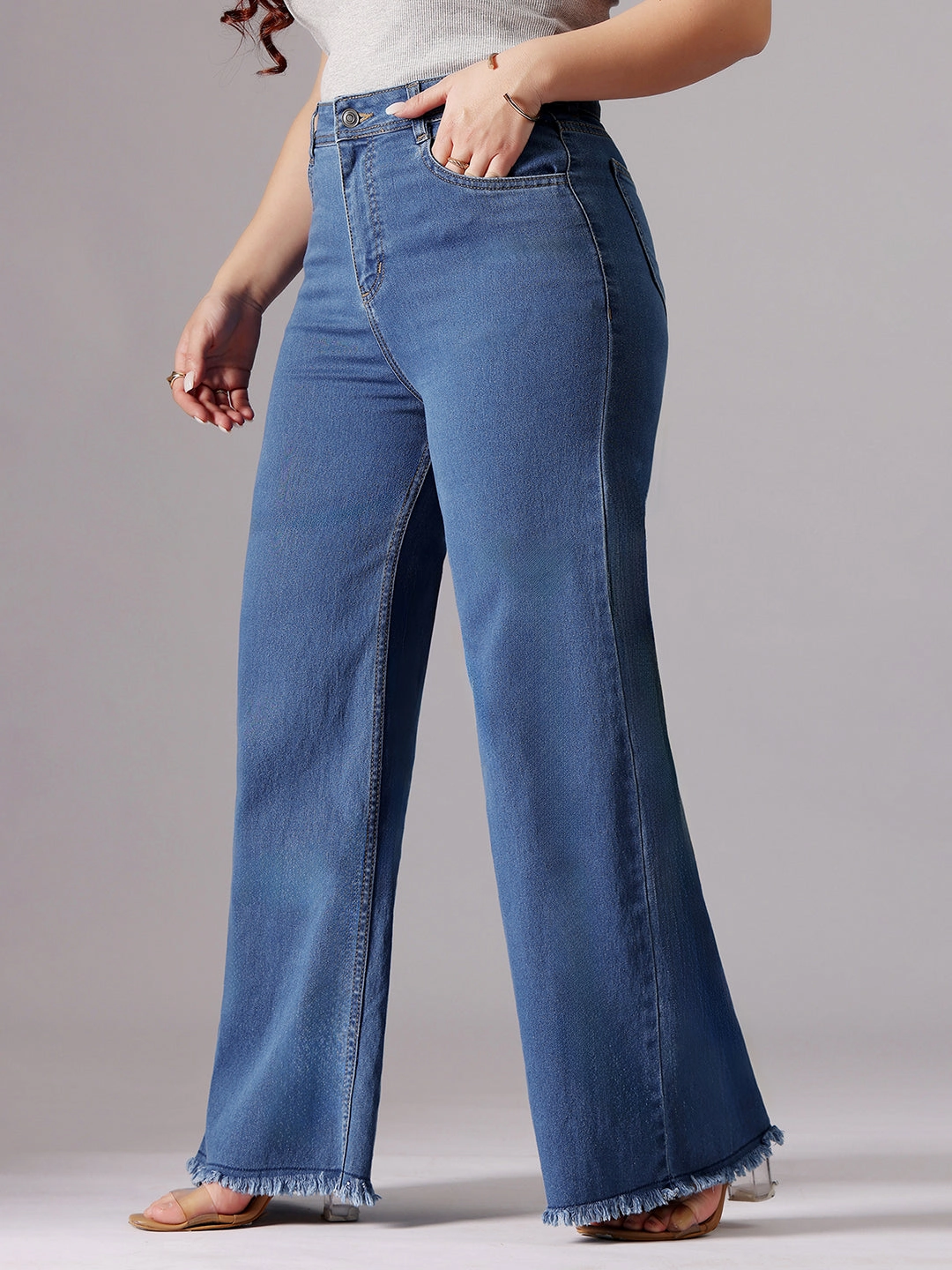 24/7 Comfort Mid-Blue Wide-Leg High-Rise Clean-Look Regular-Length Stretchable Denim Jeans Cool Texture Comfortable Tailoring