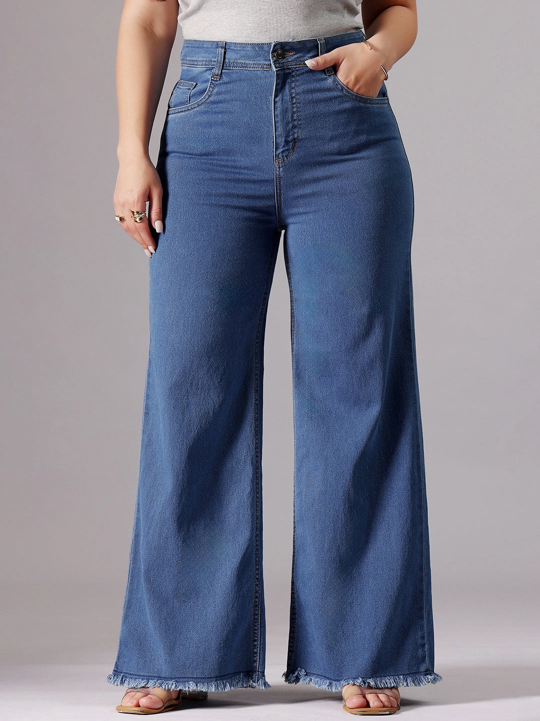 24/7 Comfort Mid-Blue Wide-Leg High-Rise Clean-Look Regular-Length Stretchable Denim Jeans Style Focus Trendy Look