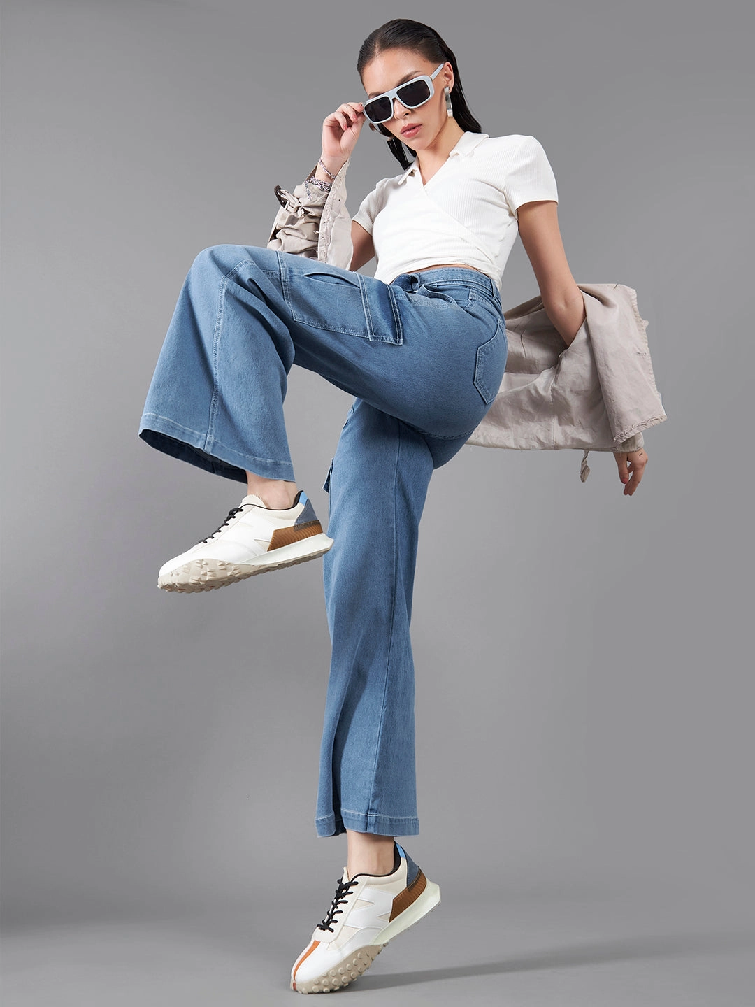 24/7 Comfort Mid Blue Wide-Leg High-Rise Stretchable Cargo Denim Jeans Outerwear Friendly