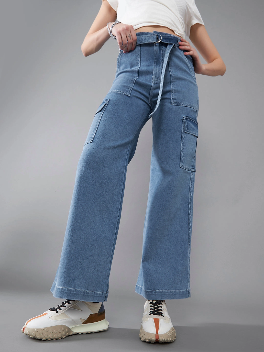 24/7 Comfort Mid Blue Wide-Leg High-Rise Stretchable Cargo Denim Jeans Premium Outdoor Enthusiast Festival Outfit Date Night Professional Wear