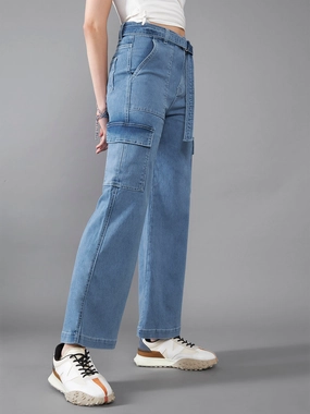 All Time Fit Timeless Look 24/7 Comfort Mid Blue Wide-Leg High-Rise Stretchable Cargo Denim Jeans