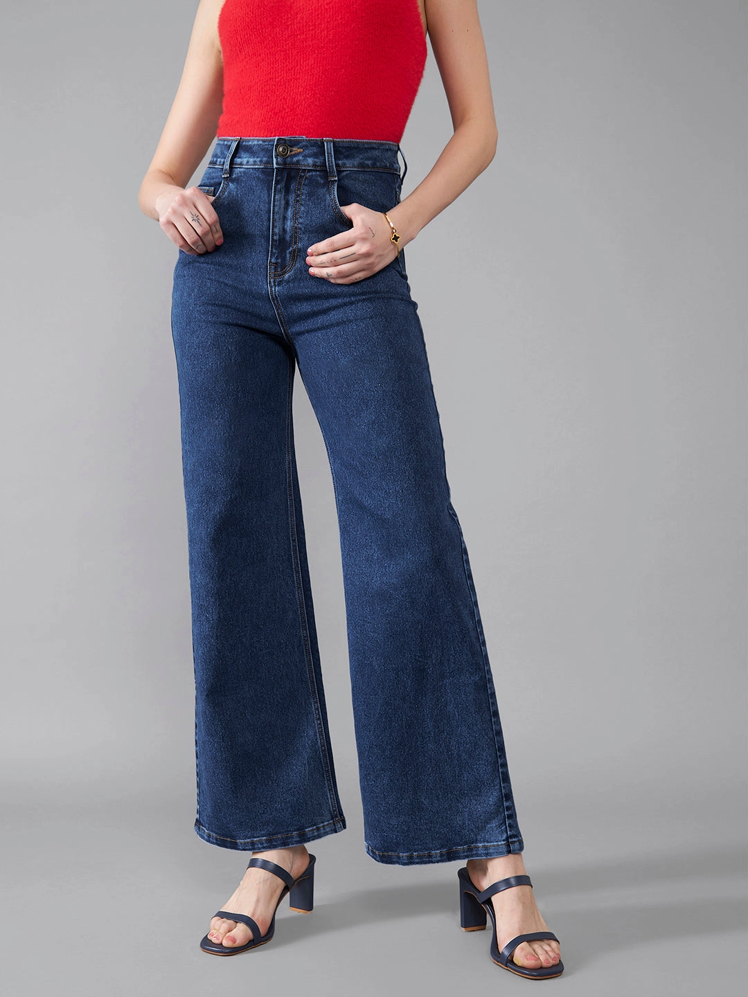 Fade Resistant Wash 24/7 Comfort Mid-Blue Wide-Leg High-Rise Stretchable Denim Jeans