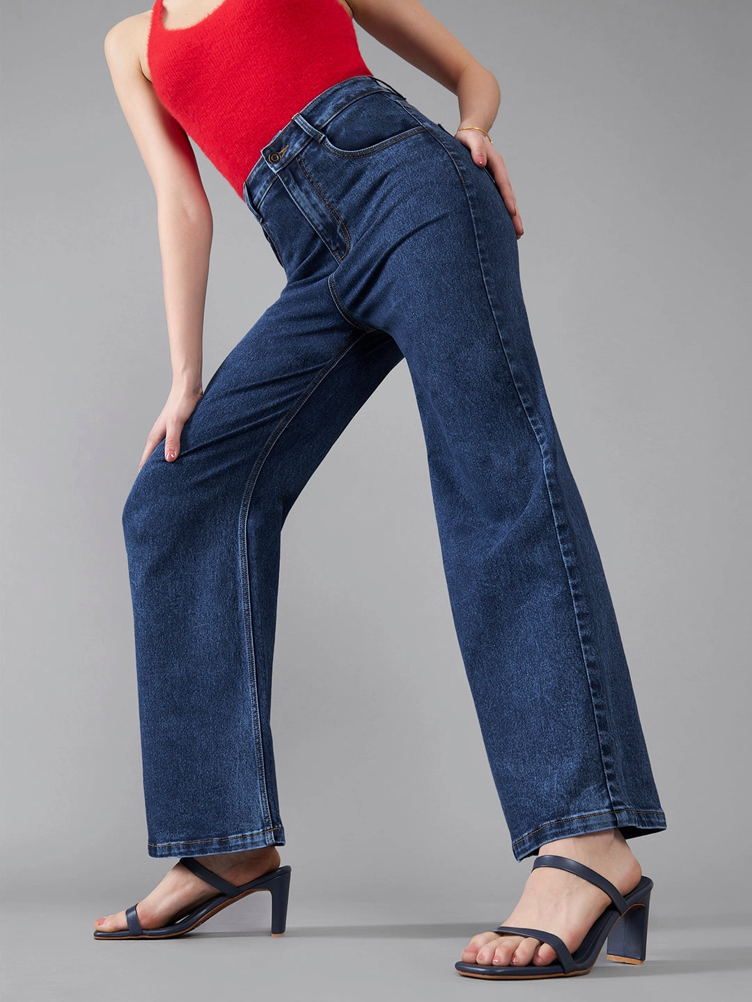 24/7 Comfort Mid-Blue Wide-Leg High-Rise Stretchable Denim Jeans Comfortable Fit Design Sophisticated Look