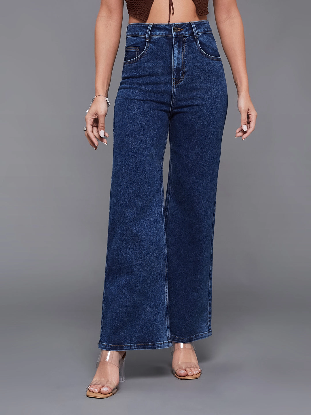 24/7 Comfort Mid-Blue Wide-Leg High-Rise Stretchable Denim Jeans Loose Spring Mood